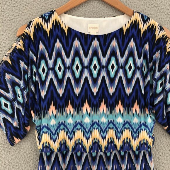 Chicos Dress Womens 0 US Small Blue Nouveau Ikat Knee Blouson 1/2 Cold Shoulder - Picture 2 of 11